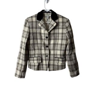 Ann Taylor Cream Plaid Wool Velvet Trim Preppy Clueless Blazer Jacket Academic